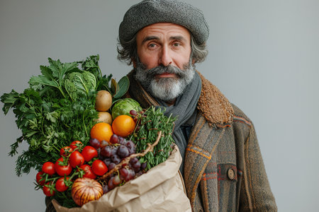 Adult bearded happy man with paper package of vegetables groceries. Copy Spaceの素材