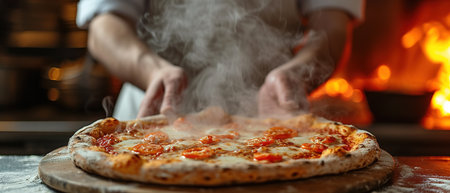 Food concept. Preparing traditional Italian pizza. Young smiling chef in white uniform and gray hat decorate ready dish in interior of modern restaurant kitchen. A happy professional chef presents freshly prepared pizza from the oven. Ready to eat.の素材
