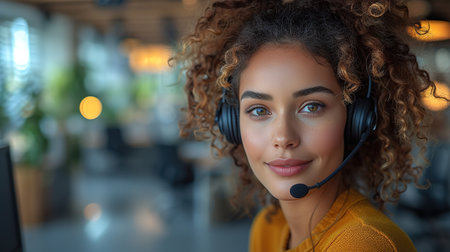 Call center, computer and business with woman in office for customer service, technical support and advice. Technology, contact us and communication with employee operator in help desk agencyの素材
