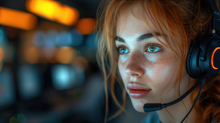 Call center, computer and business with woman in office for customer service, technical support and advice. Technology, contact us and communication with employee operator in help desk agencyの素材