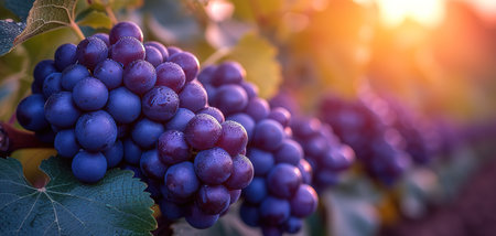 A bunch of red grapes between the grape leaves in a vineyard of G mar, Tenerife, Canary Islands, Spain, Marmajuelo or Bermejuela grape varietyの素材