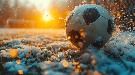 After game. Closeup soccer ball on grass of football field at crowded stadium with spotlights at evening time. Concept of sport, art, energy, power. Poster for ad, designの素材