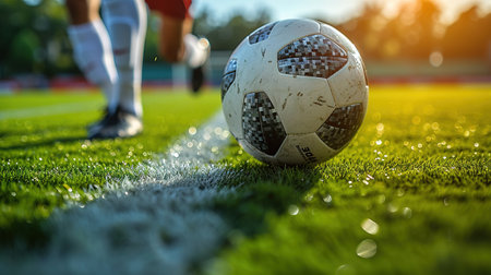 Close-up of a Leg in a Boot Kicking Football Ball. Professional Soccer Player Hits Ball with Fierce Power and Scores Goal, Grass Flying. Beautiful Cinematic Low Angle Ground Artistic Shotの素材