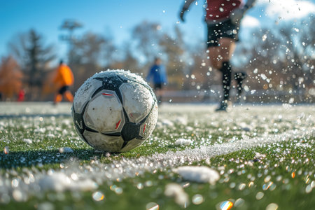 Close-up of a Leg in a Boot Kicking Football Ball. Professional Soccer Player Hits Ball with Fierce Power and Scores Goal, Grass Flying. Beautiful Cinematic Low Angle Ground Artistic Shotの素材