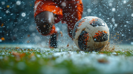 Close-up of a Leg in a Boot Kicking Football Ball. Professional Soccer Player Hits Ball with Fierce Power and Scores Goal, Grass Flying. Beautiful Cinematic Low Angle Ground Artistic Shotの素材