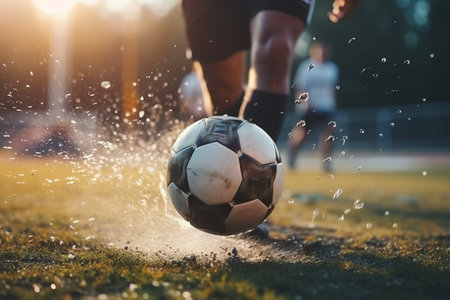 Close-up of a Leg in a Boot Kicking Football Ball. Professional Soccer Player Hits Ball with Fierce Power and Scores Goal, Grass Flying. Beautiful Cinematic Low Angle Ground Artistic Shotの素材