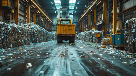 Excavator on primary sorting of garbage at waste processing plant. Separate garbage collection. Recycling and storage of waste for further disposal.の素材