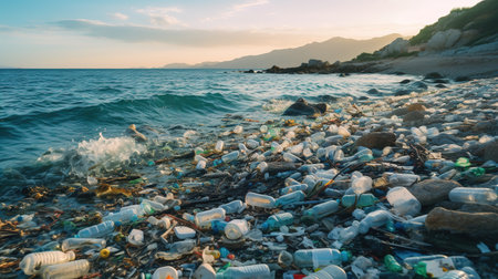 Garbage on beach, environmental pollution in Bali Indonesia. Drops of water are on camera lens. Dramatic viewの素材