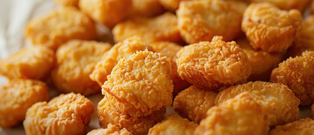 Background of golden fried chicken nuggets in breadcrumbs. Top view. Banner.の素材
