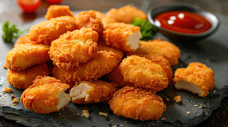 Delicious crispy fried breaded nuggets with ketchup on black plate. Dark background.の素材