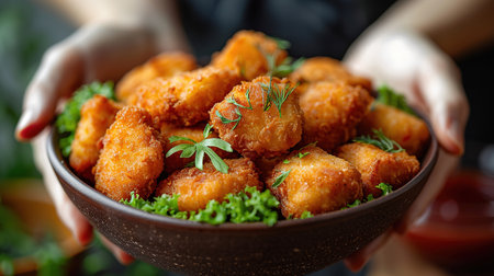 Delicious crispy fried breaded nuggets with ketchup on black plate. Dark background.の素材