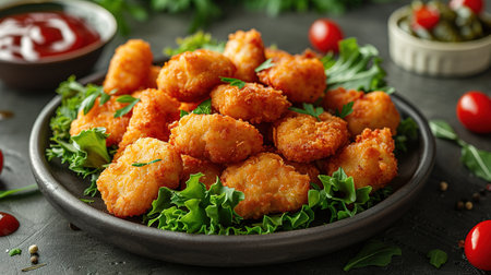 Delicious crispy fried breaded nuggets with ketchup on black plate. Dark background.の素材
