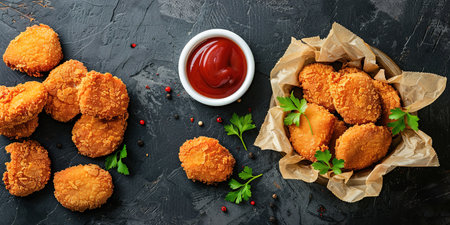 Delicious crispy fried breaded nuggets with ketchup on black plate. Dark background.の素材