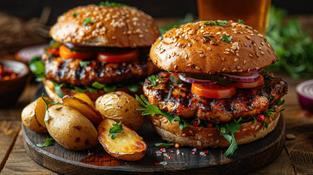 Fresh Gourmet Chicken Burger with cheese closeup on wooden rustic table with rustic potato fries and a cool glass of beer. Dark backgroundの素材