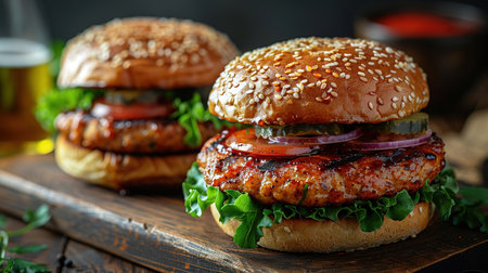 Fresh Gourmet Chicken Burger with cheese closeup on wooden rustic table with rustic potato fries and a cool glass of beer. Dark backgroundの素材