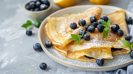 Crepes with jam, berries and sugar powder. Homemade pancakes, delicious breakfast on a light concrete background.の素材