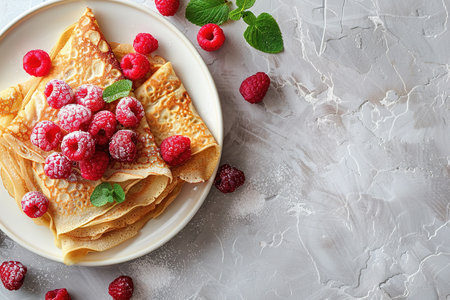 Crepes with jam, berries and sugar powder. Homemade pancakes, delicious breakfast on a light concrete background.の素材