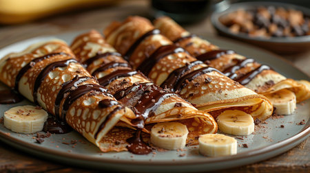 Crepes stuffed with chocolate spread and banana on white plate. Thin pancakes, blini. Sweet dessert.の素材