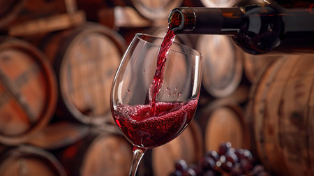 red wine pouring from bottle into glass with old wooden barrel as background at the winery.の素材
