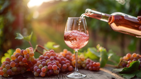 Rose wine tasting, glass of rose wine poured from bottle outdoors in garden party in vineyard, ripe grapes on wooden table, sunlight, harvest time, copy spaceの素材