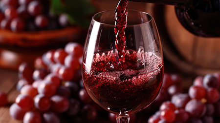 red wine pouring from bottle into glass with old wooden barrel as background at the winery.の素材