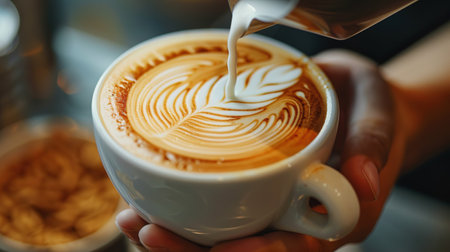 Barista making pouring stream milk with coffee latte art pattern heart shape.の素材