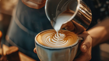 Barista making pouring stream milk with coffee latte art pattern heart shape.の素材