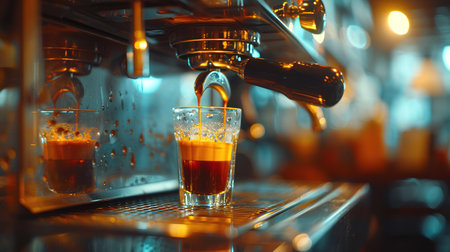 Close-up of espresso pouring from coffee machine. Professional coffee brewing.の素材