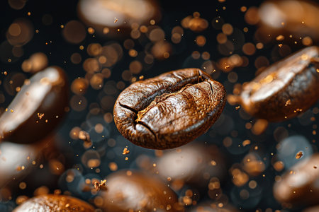 Coffee beans in flight on a dark background. Bannerの素材
