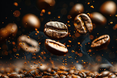 Coffee beans in flight on a dark background. Bannerの素材