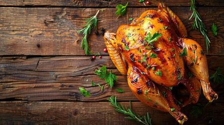 Homemade chicken rotisserie with thyme, lemon closeup on a slate board on the table. Horizontal top view from aboveの素材