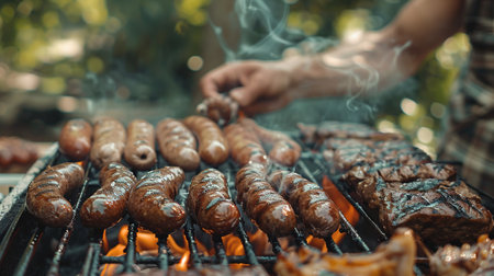 a man roasts steaks and sausages on the grill for the whole family.の素材