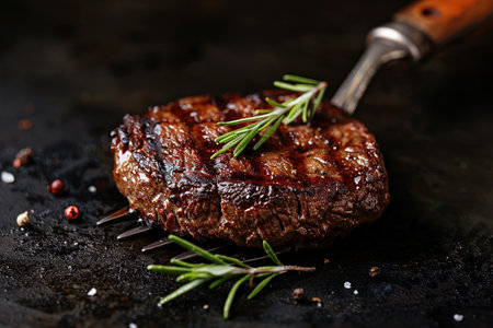 grilling steaks on flaming grill and shot with selective focus. Dark background.の素材