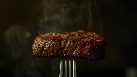 Close-up image of beef medium rare steak slice on a fork on dark background.の素材
