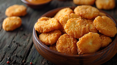 Delicious crispy fried breaded nuggets with ketchup on black plate. Dark background.の素材
