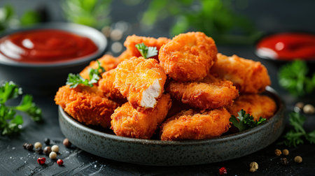 Delicious crispy fried breaded nuggets with ketchup on black plate. Dark background.の素材