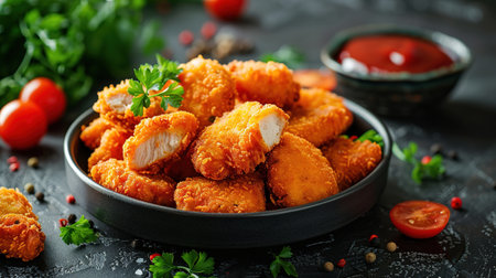 Delicious crispy fried breaded nuggets with ketchup on black plate. Dark background.の素材
