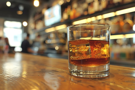 Glass of cola drink on bar counter with ice cubes and splash.の素材