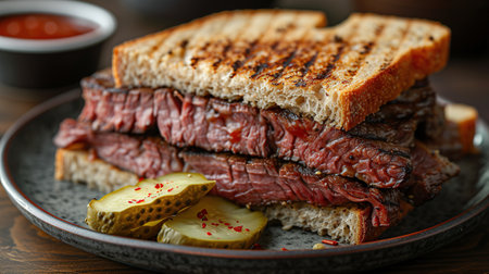 Delicious pastrami sandwich made with wholegrain bread with fresh salad and pickle served on a dark background.の素材