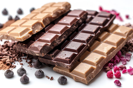Milk chocolate pieces isolated on white background from top view.の素材