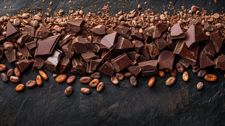 Chocolate bar chunks and pieces on chocolate background.の素材
