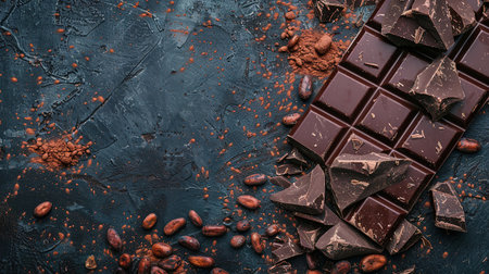 Composition of bars and pieces of different milk and dark chocolate, gratified cocoa on a dark background top view close up, with copy space.の素材