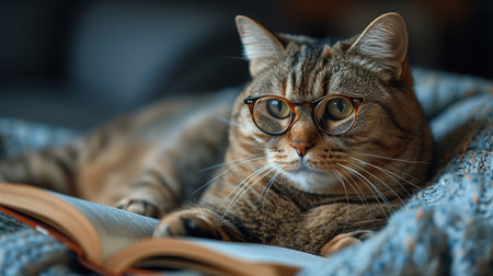 A cute red-haired cat is lying on the couch with glasses and reading a book.の素材