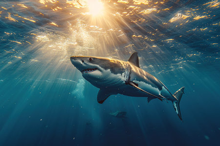 Great white shark with its main four fins swimming under sun rays in the blue Pacific Ocean.の素材
