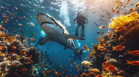 a scuba diver feed a very big tiger shark. concept of travel and diving tools. love for nature and oceans.の素材