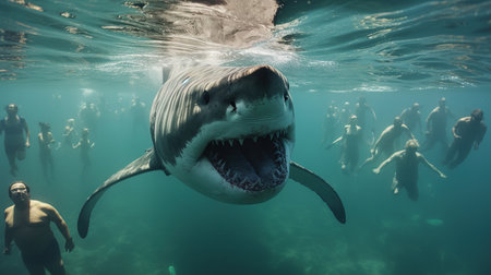 Huge Great White Shark swimming near tourists on the beach.の素材