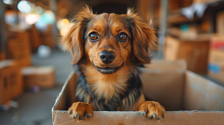 Photo of pedigree cute dog poses on pile of cardboard boxes with owner belongings, relocate in new flat, empty room with white walls, lamp and sofa, big window. Animals and Moving Day conceptの素材