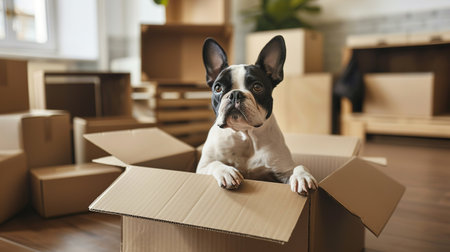 Photo of pedigree cute dog poses on pile of cardboard boxes with owner belongings, relocate in new flat, empty room with white walls, lamp and sofa, big window. Animals and Moving Day conceptの素材