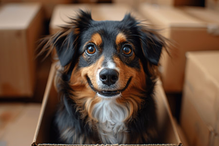 Photo of pedigree cute dog poses on pile of cardboard boxes with owner belongings, relocate in new flat, empty room with white walls, lamp and sofa, big window. Animals and Moving Day conceptの素材