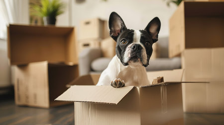 Photo of pedigree cute dog poses on pile of cardboard boxes with owner belongings, relocate in new flat, empty room with white walls, lamp and sofa, big window. Animals and Moving Day conceptの素材